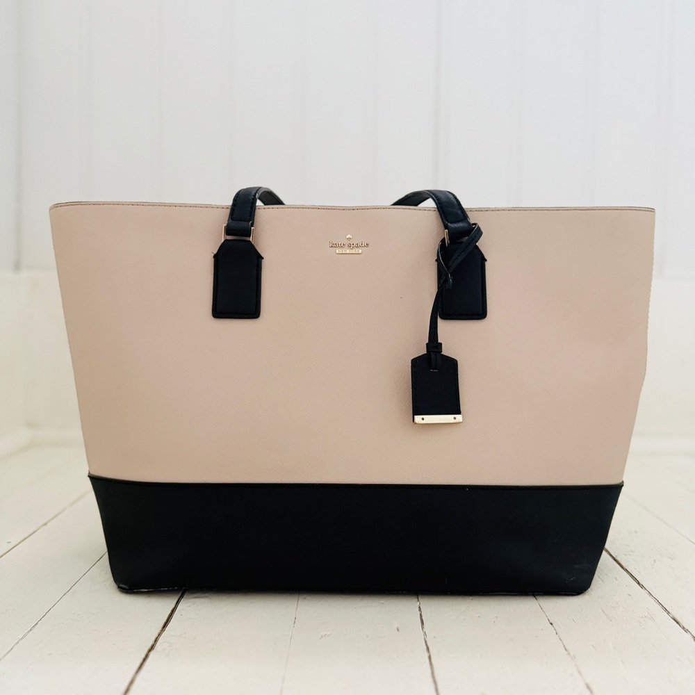 Kate Spade New York Large Two-Tone Tote Shoulder Bag Cream Beige Black Leather